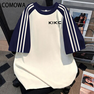 COMOWA街頭新款2025夏季男高街美式寬松百搭短袖時(shí)尚潮牌圓領(lǐng)印花 T恤-【A431NT】KIKC杏色拼藏青 M