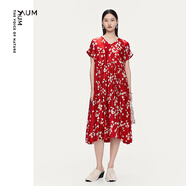 噢姆（AUM）【品質(zhì)臻選】AUM噢姆2025年夏季新款紅白抽象印花休閑V領(lǐng)連衣裙女 大紅 M