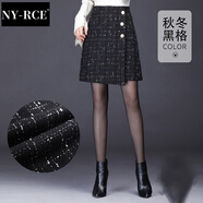 NY-RCE格子短裙a字半裙包裙裙子半身裙秋冬女冬毛呢冬裙 黑格秋冬款 M