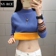 NY-RCE半高領(lǐng)加絨毛衣打底衫女新款秋冬女士加厚保暖修身內(nèi)搭針織衫 海霧藍(lán)色(彩色袖) 加絨 S