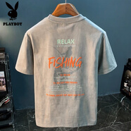 花花公子（PLAYBOY）美式寬松純棉短袖t恤男潮流印花夏季半袖男上衣體恤休閑落肩衣服 淺灰 2XL 【適合體重160-180斤穿】