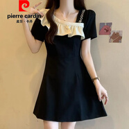 皮爾卡丹（pierre cardin）高端大碼黑色短袖連衣裙女夏季收腰顯瘦復古短裙微胖荷葉邊拼接裙 黑色 【商場專柜品質】 2XL