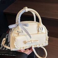 LXU韓國小眾芭蕾風(fēng)蕾絲花邊保齡球包包洋氣甜美風(fēng)百搭斜挎包 米白色