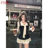 FSHE千金風假兩件收腰連衣裙女秋冬長袖蕾絲設計感拼接高級春秋季裙子 連衣裙 L