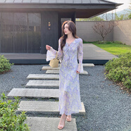 島歌夫人法式荷葉邊喇叭袖雪紡連衣裙女春修身氣質(zhì)高級感垂感長(cháng)裙 花色 S