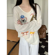 減齡可愛(ài)狗狗印花防曬罩衫長(cháng)袖t恤女春夏季寬松慵懶風(fēng)高級感上衣 杏色 XL