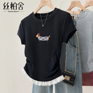 絲柏舍圓領(lǐng)T恤2025夏裝新款女裝蕾絲拼接卡通刺繡修身套頭上衣