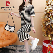 皮爾卡丹（PIERRE CARDIN）長款Polo領(lǐng)連衣裙女過膝新款夏季寬松大碼短袖T恤條紋直筒裙子 米白色【長款過膝】 L 【建議120-140斤】