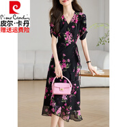 皮爾卡丹高檔短袖連衣裙女2025夏日新款V領(lǐng)御姐收腰一片式顯瘦大花裙子女 黑底玫紅迎春花裙 M 90-102斤