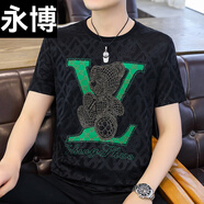 永博短袖t恤男感黑色暗花燙鉆暴力熊仿國際大品牌男裝夏季T 889黑色 XL 適合125-140斤