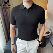 富貴鳥（FUGUINIAO）針織冰絲polo衫男短袖夏季薄款高端時尚潮流百搭修身翻領(lǐng)條紋t恤 黑色 4XL