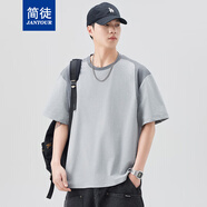 簡徒（JANTOUR）夏季新款拼接拼色短袖T恤男日系復(fù)古寬松五分袖潮流百搭休閑情侶 淺灰 M