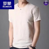 羅蒙（ROMON）亞麻短袖T恤男士圓領(lǐng)中國風(fēng)夏季上衣棉麻半袖純色寬松體恤 7232卡其 S 165