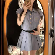 貞喜氣學(xué)院風(fēng)條紋連衣裙 2025夏季小個子百褶裙襯衫裙收腰顯瘦裙子 藍(lán)條紋（配腰帶） L （建議105-115斤）