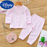 迪士尼（DISNEY）嬰兒衣服夏季純·棉薄款寶寶空調服長(cháng)·袖男女兒童套裝分體睡衣倆 新豎條粉色 80 cm