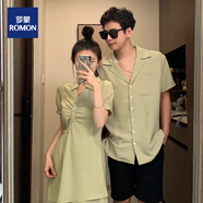 羅蒙（ROMON）情侶裝一衣一裙2025夏季情侶t恤男T雪紡清新綠純色連衣裙收腰短袖 女裙 S