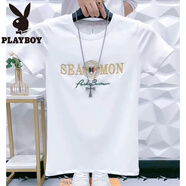 花花公子（PLAYBOY）夏季新款個性男短袖純棉t恤時尚高端印花百搭潮流圓領(lǐng)體恤半截男 白色短袖 SEA 2XL 建議140-155斤
