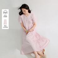 茵曼度假風(fēng)蕾絲刺繡飛飛袖連衣裙套裝2025夏季女裝新款短袖裙子 粉紅色 M