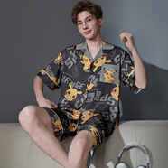 俊俊穗迪美（JUNJUNSUIDIMEI）睡衣男冰絲短袖夏季夏天薄款學(xué)生卡通青少年男士加大碼家居服套裝 冰絲-XQ2009 皮卡丘 2XL (高175-180CM 145-165斤)