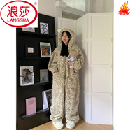 浪莎（LangSha）ins韓版可愛(ài)豹紋連帽珊瑚絨連體睡衣女秋冬季新款加絨加厚家居服 豹紋(優(yōu)質(zhì)加-厚-款)85用戶(hù)選擇 L 【100-115】斤內