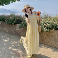 衣典零一（LEDIALYI）泡泡袖連衣裙女夏季2025新款高級(jí)感法式度假風(fēng)寬松長(zhǎng)款a字裙夏天 奶黃色 S （建議96-110斤）