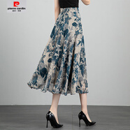 皮爾卡丹（pierre cardin）2025夏季新款碎花半身裙女雪紡裙中長(cháng)裙高腰顯瘦A字裙大擺跳舞裙 K1墨綠印花 S 腰圍：1.8-1.9尺