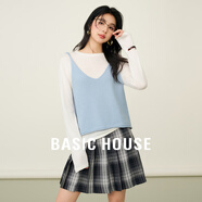 百家好（Basic House）Basic House/百家好圓領(lǐng)白色打底衫春季短款疊穿V領(lǐng)背心針織衫女  藍(lán) M