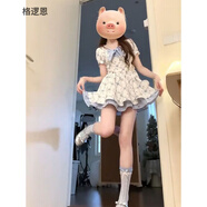 格邏恩（GELUOEN）夏季新款藍色格紋拼接連衣裙女學(xué)生甜美可愛(ài)蝴蝶結飛飛袖公主短裙 藍色碎花短裙 均碼 【可備注碼數】