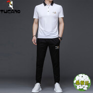 啄木鳥(niǎo)夏季桑蠶絲套裝男士休閑運動(dòng)翻領(lǐng)polo衫刺繡冰.絲透氣短袖t恤男 8720獵豹B白色長(cháng)褲套裝 XL 175/ 建議130-145斤
