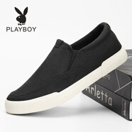 花花公子（PLAYBOY）夏季一腳蹬透氣帆布鞋男士潮流休閑鞋老北京布鞋舒適軟底開車鞋子 黑白 38