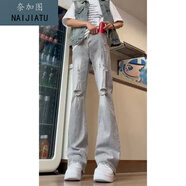 奈加圖煙灰色破洞牛仔褲男夏季薄款美式高街vibe褲子cleanfit窄版直筒褲 水泥灰 S