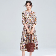 TBRK高端品牌 純棉印花連衣裙2025夏季新款優(yōu)雅系帶收腰五分袖中長(cháng)裙 花色 M