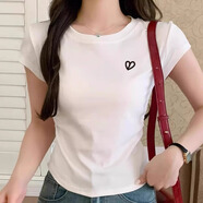 嫻柔不規(guī)則正肩短袖t恤女夏設(shè)計(jì)感弧形下擺抽褶辣妹緊身短款女裝上衣 白色【愛心刺繡】 卡碼拍大 2XL 【120-130斤】