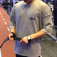 JEEP SPIRIT吉普肌肉運(yùn)動短袖t恤男棉胖子大碼五分袖健身衣服寬松半袖透氣夏 卡其 M 100-120斤
