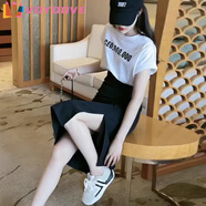 VOYDOVE夏季輕熟風(fēng)套裝女夏裝2025新款印花字母短袖T恤開叉半身裙兩件套 白色上衣_黑色半裙 套裝【z】 2XL