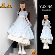 與欣茶歇法式新品連衣裙女2025夏季小個(gè)子學(xué)生氣質(zhì)藍色泡泡袖收腰長(cháng)裙 單件藍色 均碼 可備注碼數