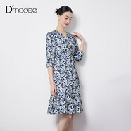 黛瑪詩(shī)夏季新款法式V領(lǐng)收腰魚(yú)尾裙印花連衣裙女 藍色 L