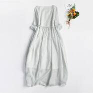 漫藍夢(mèng)品牌折扣寬松黃色文藝中袖2025夏季新款棉麻連衣裙女高腰中長(cháng)裙 淺綠色 M 【建議90-105斤】