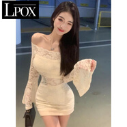 LPOX欲風(fēng)蕾絲一字肩露肩連衣裙女秋季新款修身顯瘦喇叭袖鏤空包臀裙子 奶杏色 L