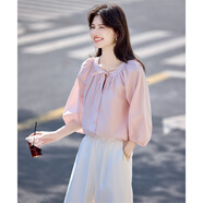 尚靜歐若風(fēng)棉布優(yōu)雅上衣25年夏新甜美系帶簡(jiǎn)減齡寬松襯衫女 粉色  S 