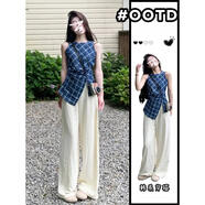 熒蒂時(shí)尚休閑套裝女夏裝搭配一整套小個(gè)子格子背心上衣闊腿褲兩件套裝 上衣+褲子【套裝】 M