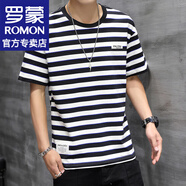 羅蒙（ROMON）圓領(lǐng)短袖t恤男士夏季短袖男打底衫條紋半袖寬袖休閑上衣服男裝 1802黑色 XL (約135-150斤可穿)