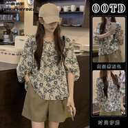 清池影（QINGCHIYING）輕熟風(fēng)套裝女夏季2025新款顯瘦遮肚子碎花上衣闊腿短褲休閑兩件套 碎花上衣+卡其色褲子兩件套 L 建議100-120斤