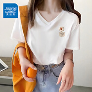 真維斯（JEANSWEST）v領t恤女2025夏季新款純棉短袖女韓版潮流小個子寬松正肩短袖上衣 白色 毛絨花口袋_K_ M