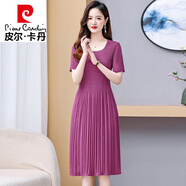皮爾卡丹（pierre cardin）中年媽i媽氣質(zhì)雪紡連衣裙2025新款女夏季高端精致收腰顯瘦百褶裙 玫紅色 XL 95-115斤