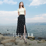 三彩2025夏季新款碎花半身裙荷葉邊開(kāi)叉魚(yú)尾裙浪漫長(cháng)裙M