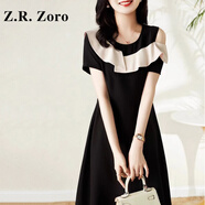 Z.R.Zoro奢侈品連衣裙女2025夏季新款氣質(zhì)撞色拼接收腰顯瘦法式a字小黑裙 黑色 S