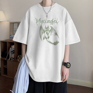 普戈斯（PUGESI）馴龍高手麂皮絨短袖t恤男夏季潮牌美式衣服寬松潮流重磅半袖體恤 白色 M90斤至110斤可穿 均碼