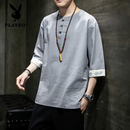 花花公子（PLAYBOY）亞麻短袖t恤衫中國(guó)風(fēng)男裝七分袖國(guó)潮唐裝復(fù)古半袖夏季薄棉麻衣服 灰色(T109) M 號(hào)