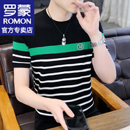 羅蒙（ROMON）冰絲短袖t恤男士夏季薄款速干條紋短袖男打底衫半袖上衣服男裝 WE958綠條紋 XL （約120-135斤可穿)
